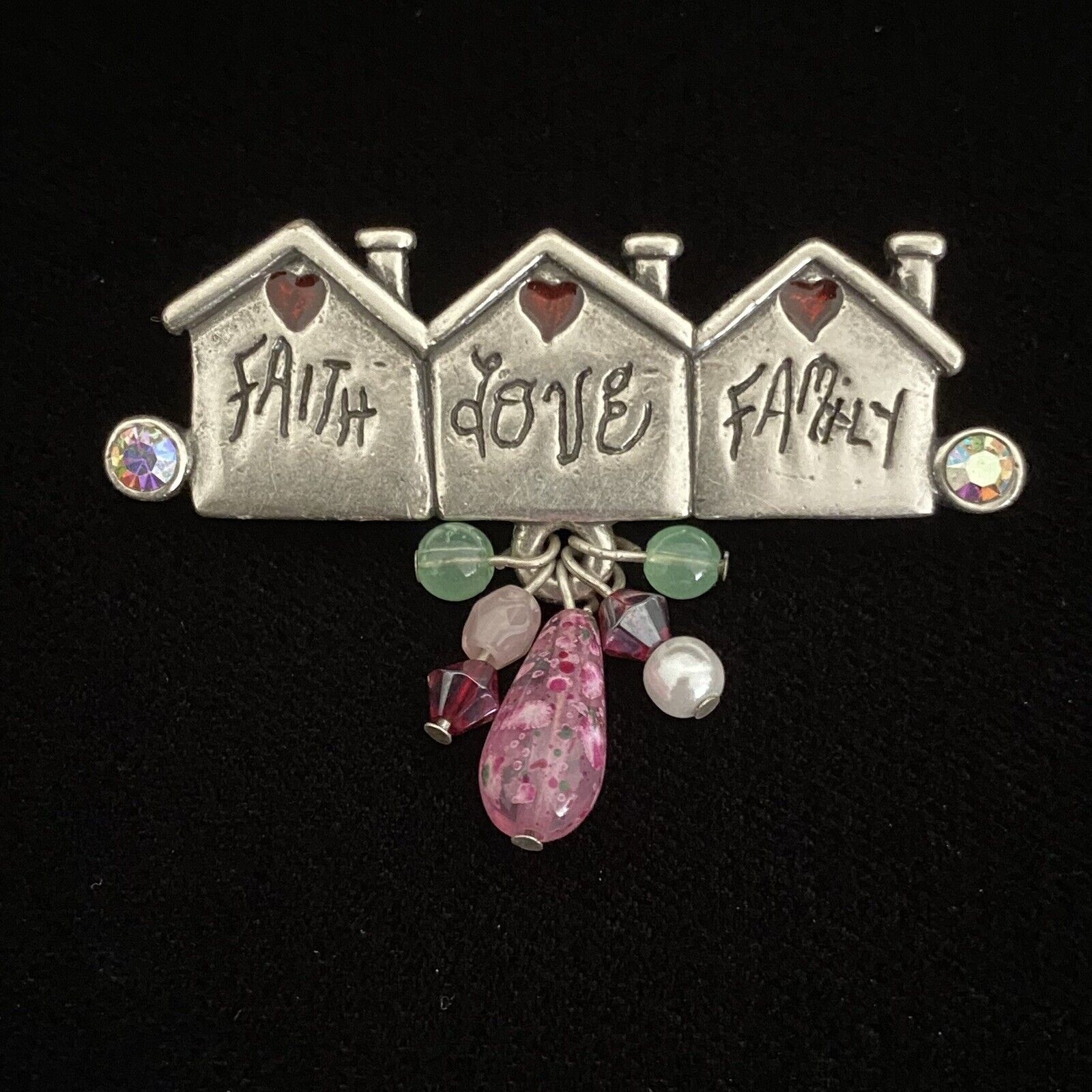 Ajmc Vintage Brooch Pin Faith Love Family Home Hearts With Beads And Rhinestones